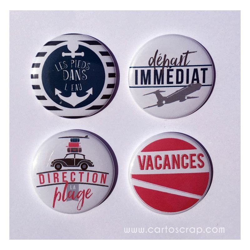 Lot de 4 badges 38mm CartoScrap - Vacances