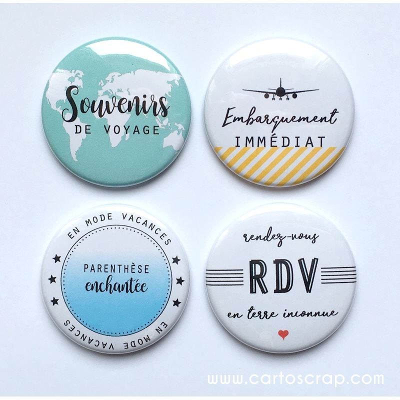 Lot de 4 badges 38mm CartoScrap - Souvenirs de Voyage