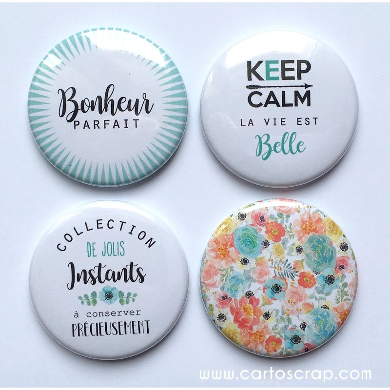 Lot de 4 badges 38mm CartoScrap - Bonheur Parfait