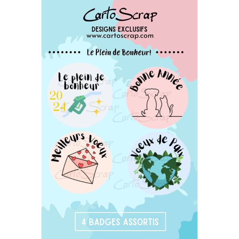 Lot de 4 badges 38mm CartoScrap - Le Plein de Bonheur