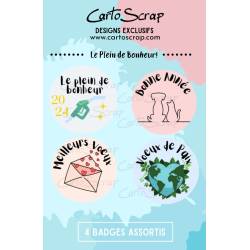 Lot de 4 badges 38mm CartoScrap - Le Plein de Bonheur